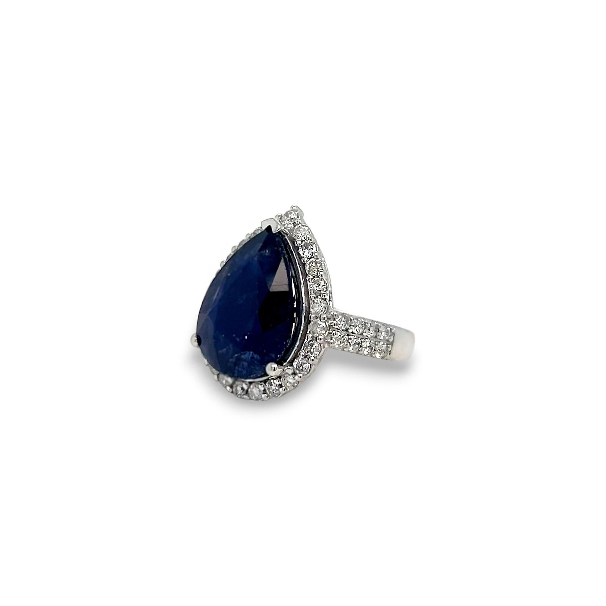 Pear Shaped Sapphire (11.23 carat) and Diamond Halo Statement Ring In New Condition For Sale In Lewisville, TX