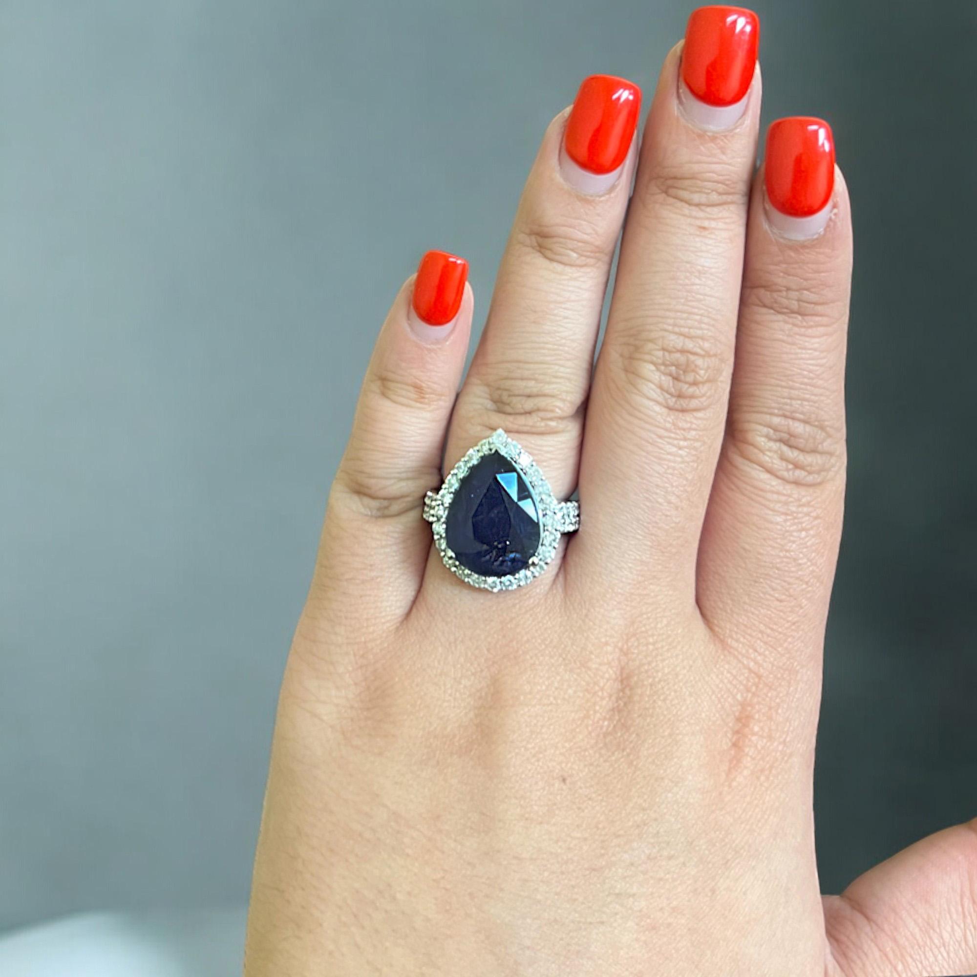 Pear Shaped Sapphire (11.23 carat) and Diamond Halo Statement Ring For Sale 1