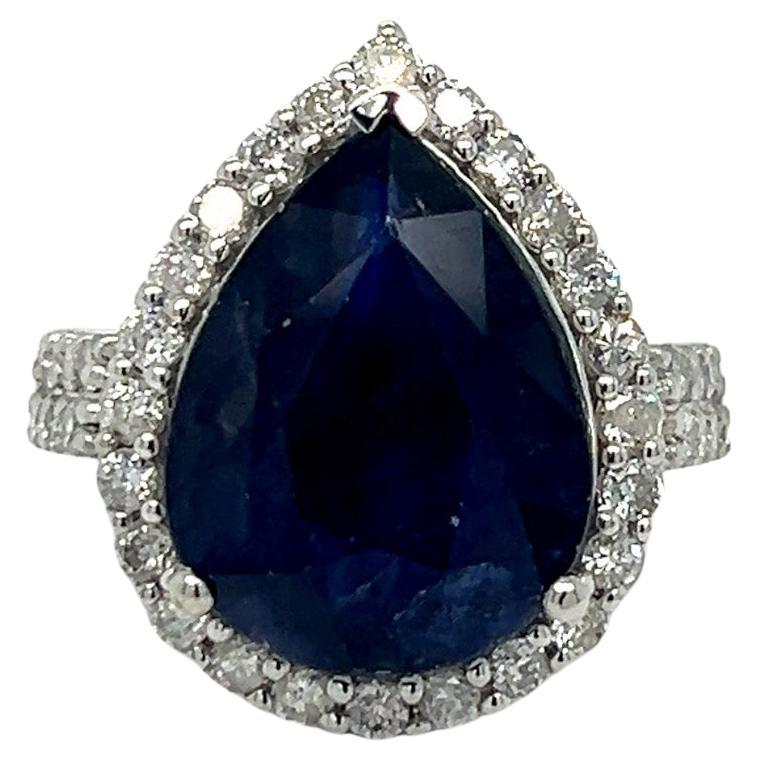 Pear Shaped Sapphire (11.23 carat) and Diamond Halo Statement Ring For Sale
