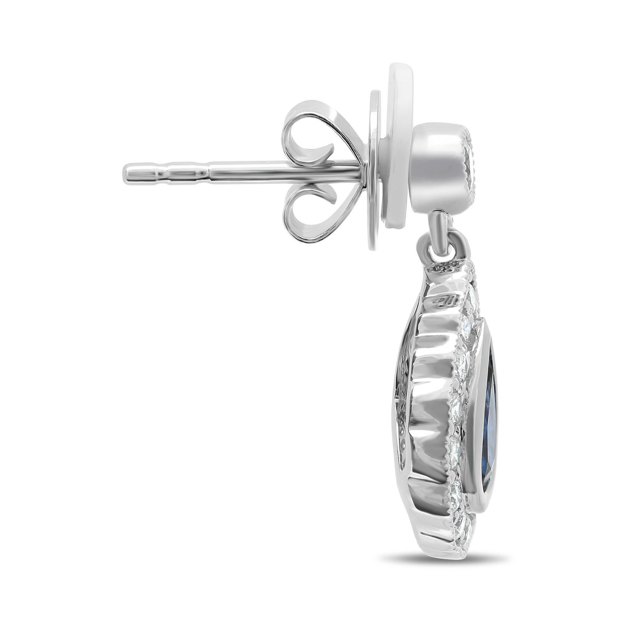 Pear Cut Pear-Shaped Sapphire and Diamond 18 Karat White Gold Milgrain Halo Earrings For Sale