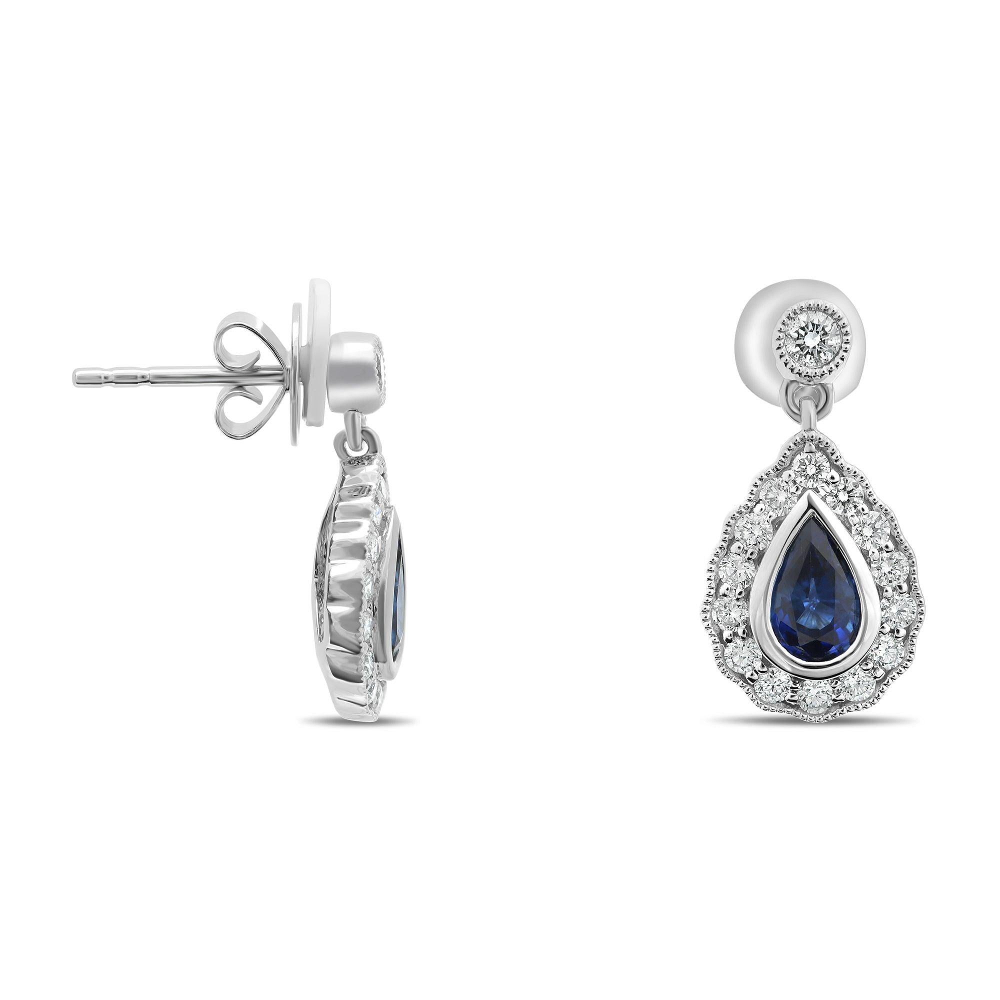 Pear-Shaped Sapphire and Diamond 18 Karat White Gold Milgrain Halo Earrings In New Condition For Sale In New York, NY