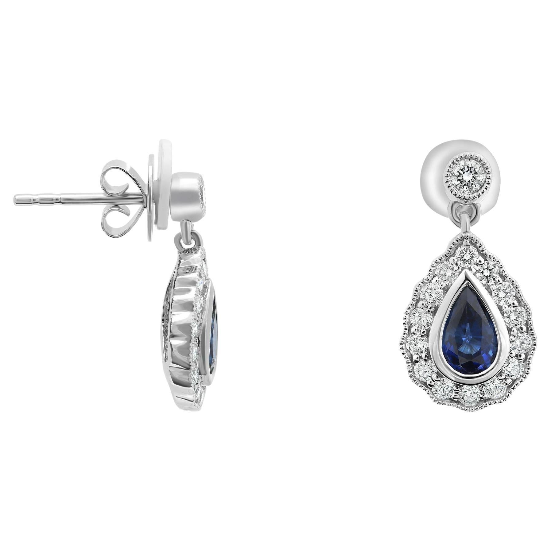 Pear-Shaped Sapphire and Diamond 18 Karat White Gold Milgrain Halo Earrings For Sale