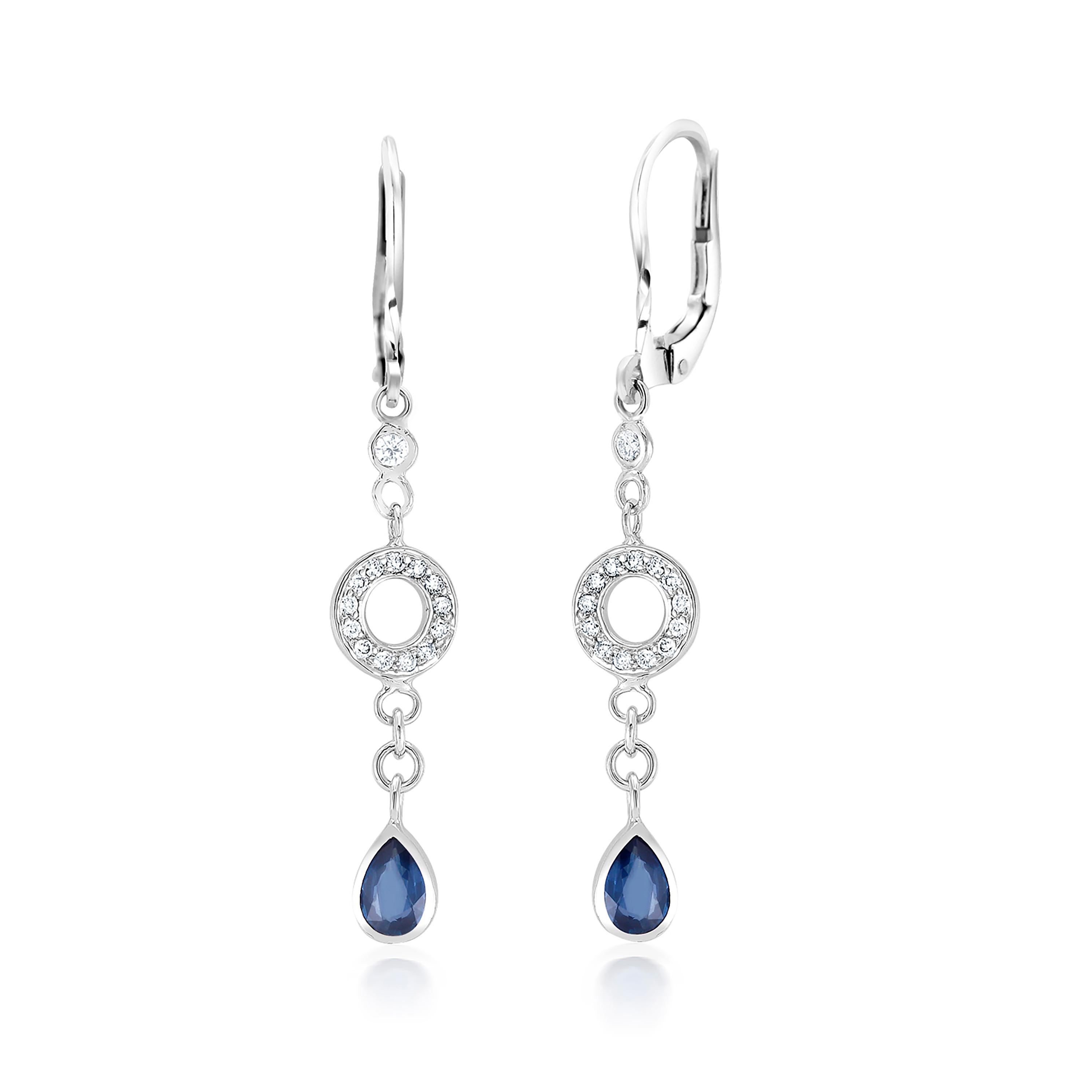 Pear Cut Pear Shaped Sapphire and Diamond Circle Disc Lever Back Gold Earrings 