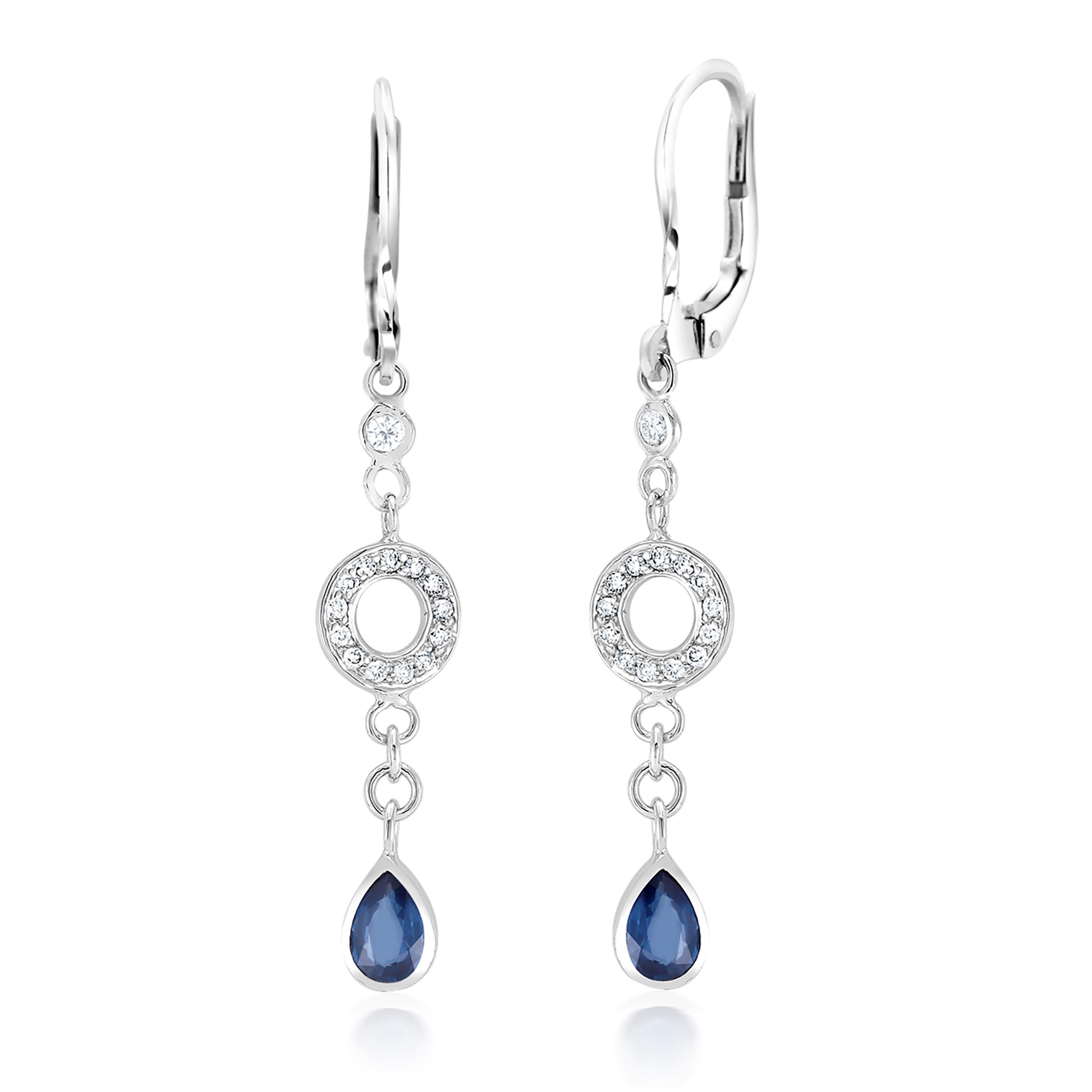 Women's Pear Shaped Sapphire and Diamond Circle Disc Lever Back Gold Earrings 