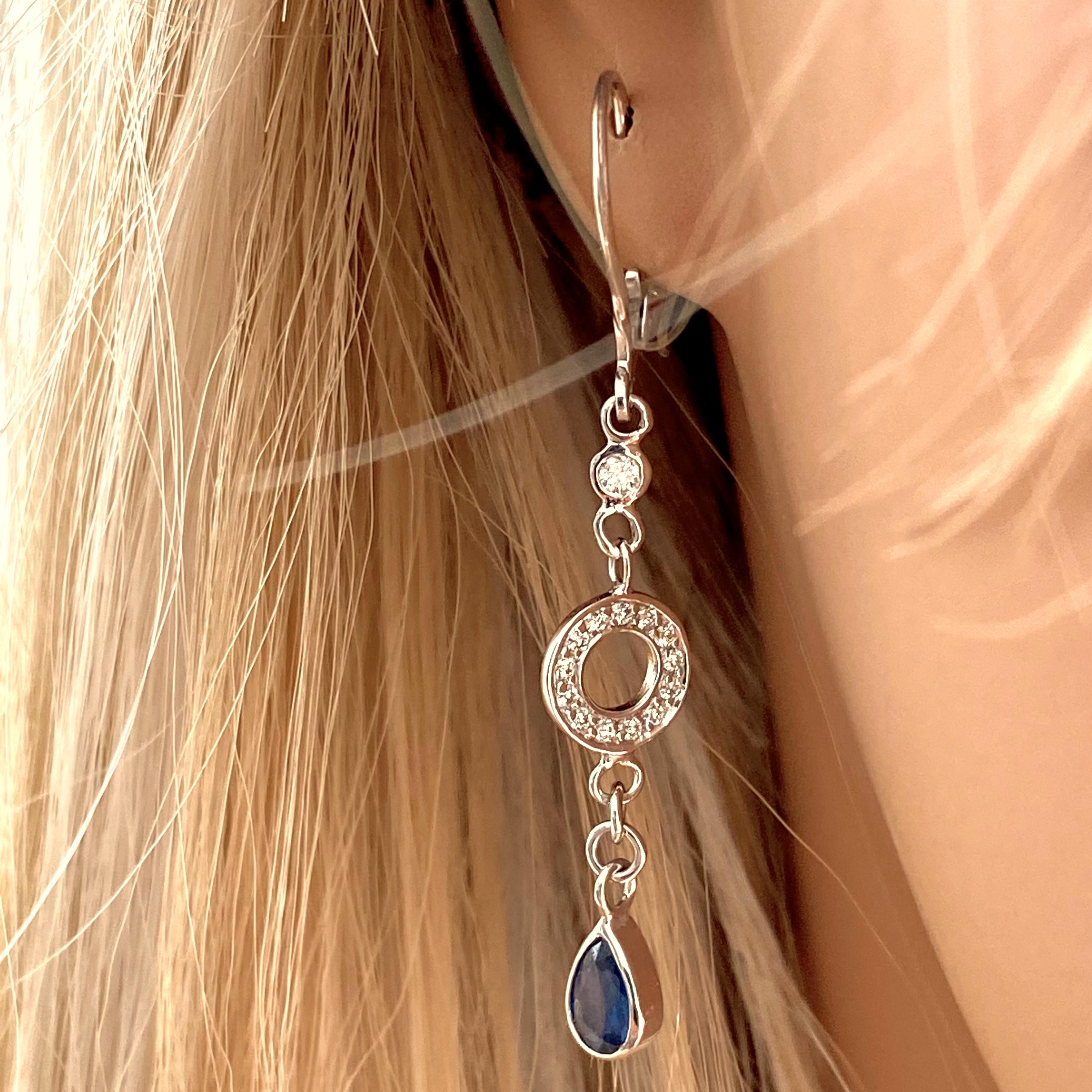 Pear Shaped Sapphire and Diamond Circle Disc Lever Back Gold Earrings  3