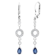 Pear Shaped Sapphire and Diamond Circle Disc Lever Back Gold Earrings 