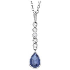 Pear Shaped Sapphire and Diamond Lariat Drop Gold Necklace Pendant