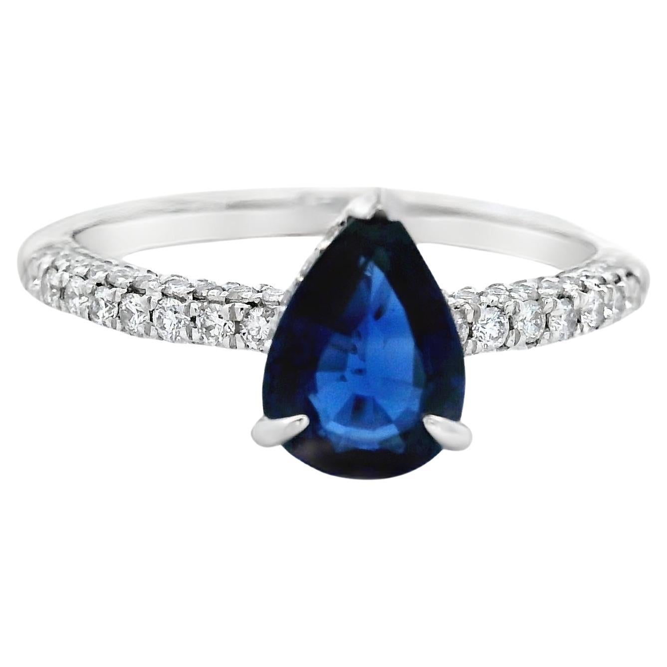 Bague saphir et diamant en forme de poire 1.00ct centre en or blanc 14K Taille 7