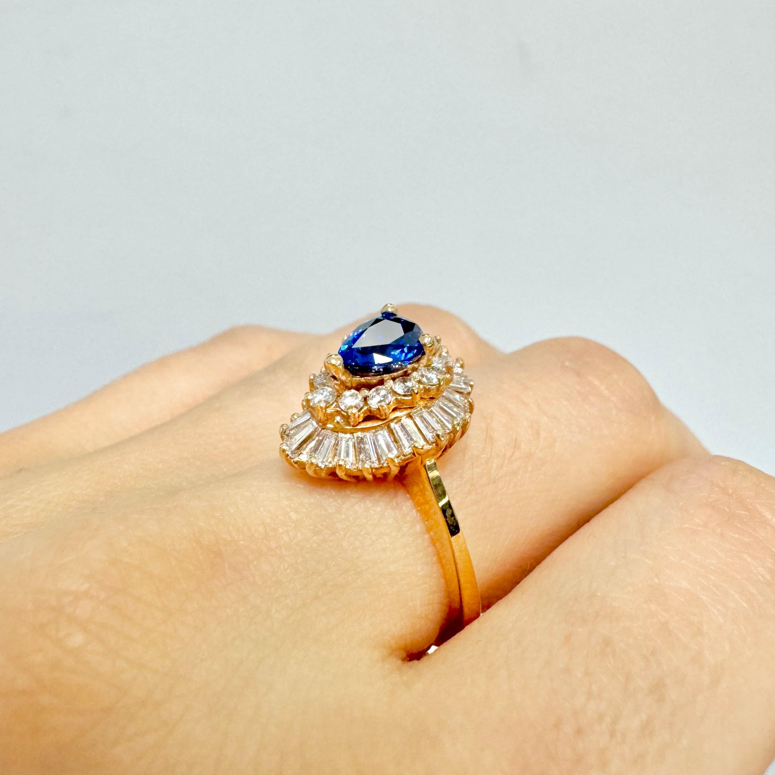 Birnenförmiger Saphir und Diamant Ring aus 14k Gelbgold im Angebot 1