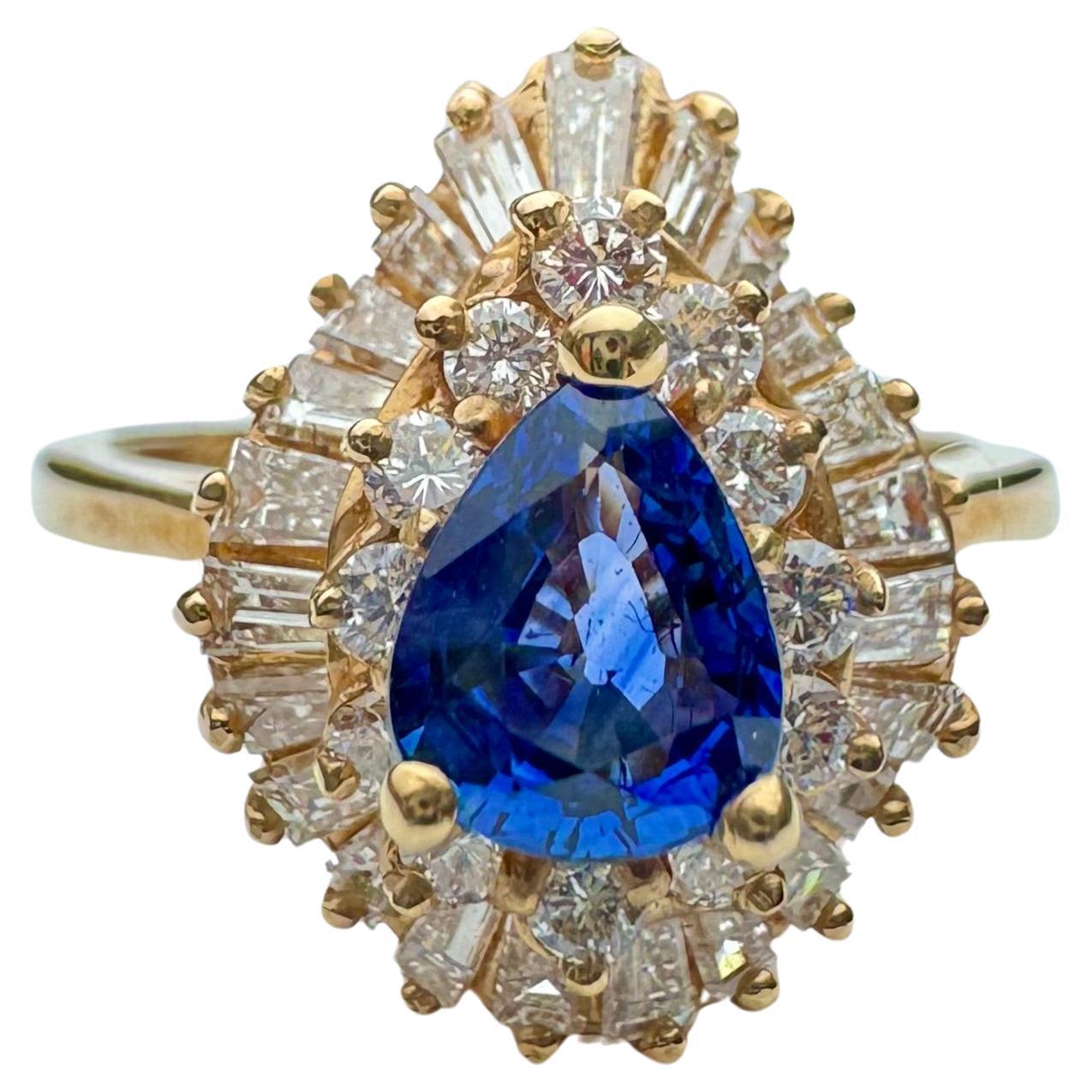 Birnenförmiger Saphir und Diamant Ring aus 14k Gelbgold im Angebot