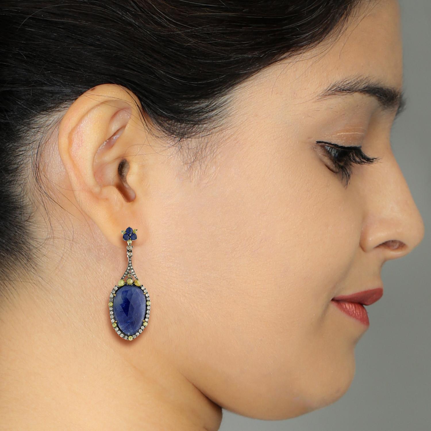 Artisan Pear Shaped Sapphire Dangle Earring With Pave Diamonds Made In 18k Gold & Silver For Sale
