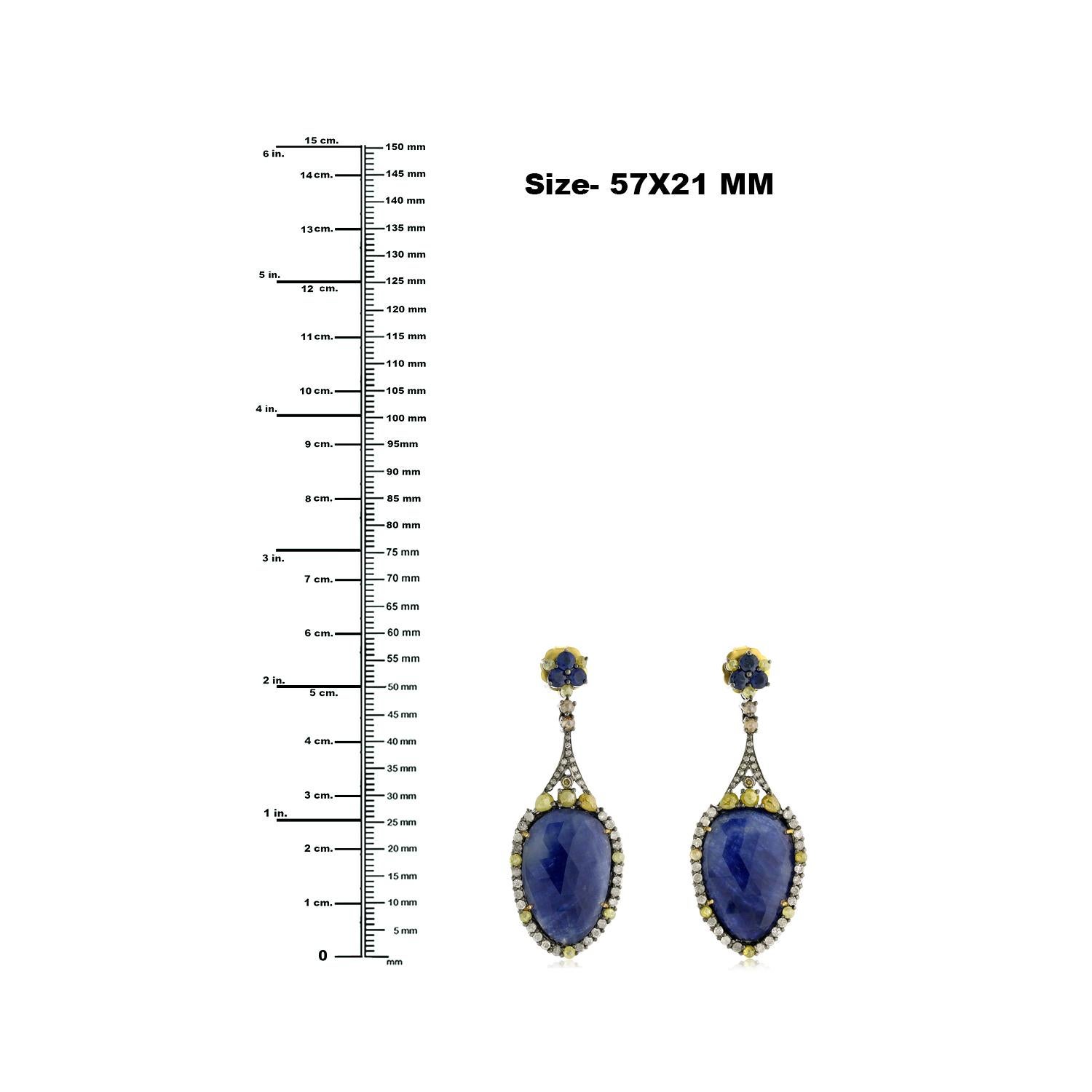 Mixed Cut Pear Shaped Sapphire Dangle Earring With Pave Diamonds Made In 18k Gold & Silver For Sale