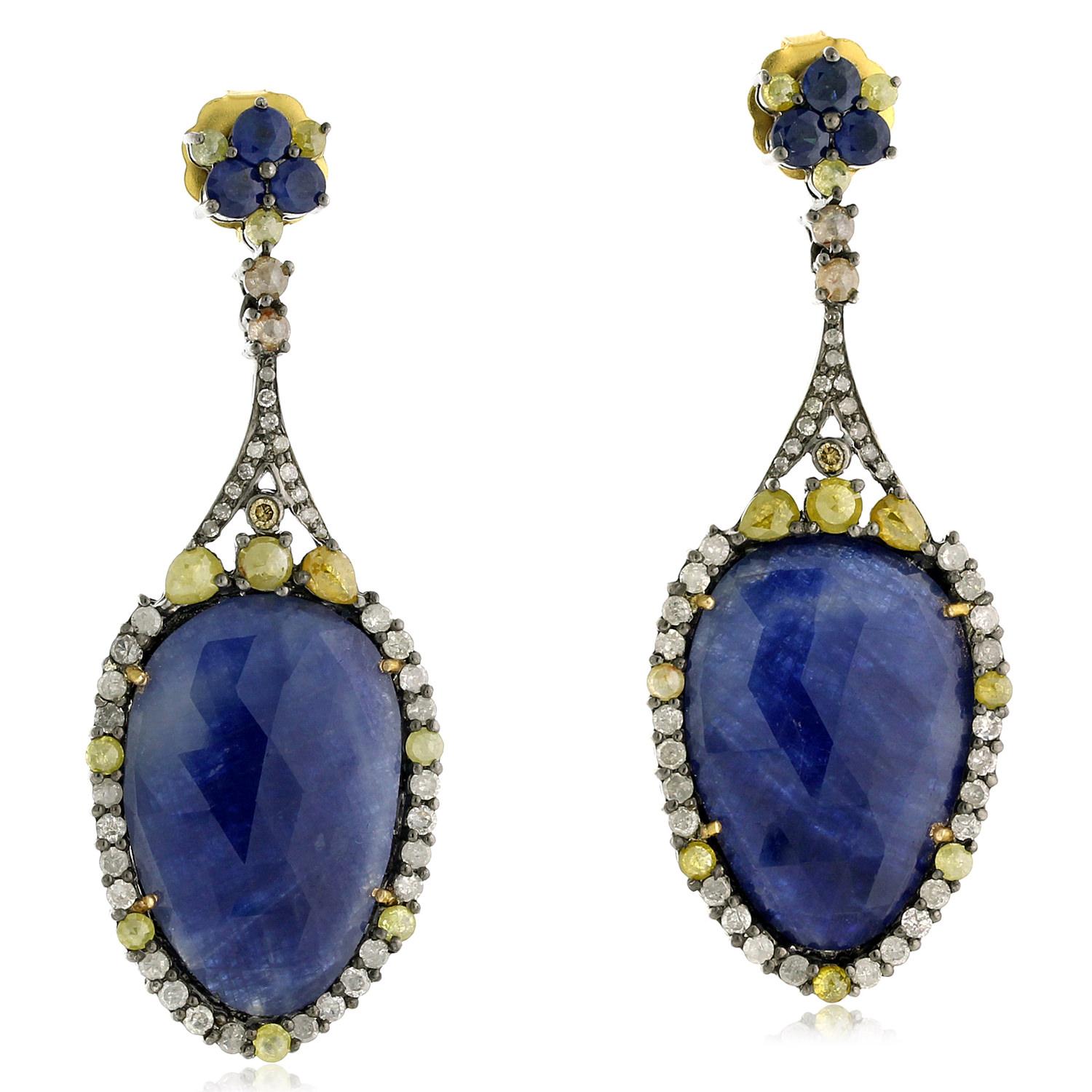 Pear Shaped Sapphire Dangle Earring With Pave Diamonds Made In 18k Gold & Silver In New Condition For Sale In New York, NY