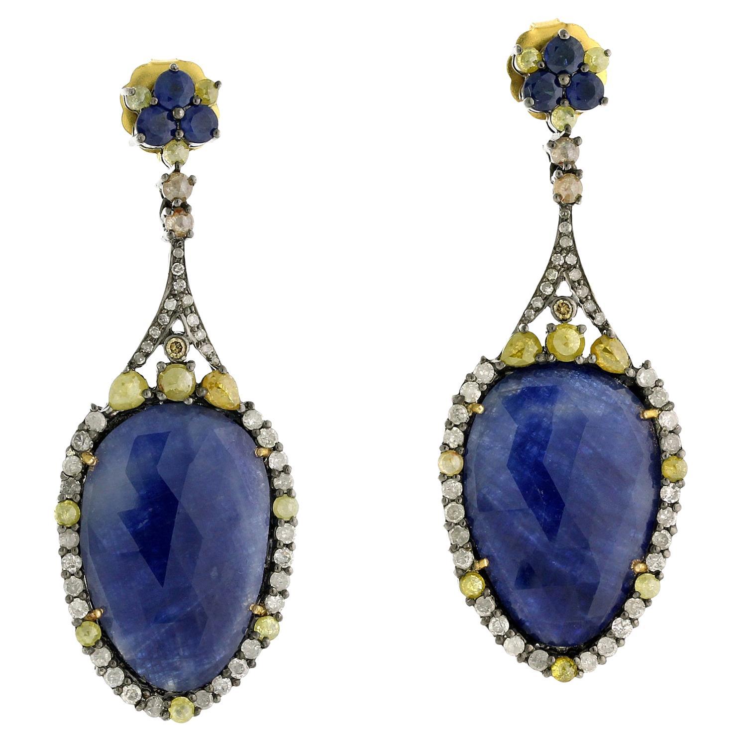 Pear Shaped Sapphire Dangle Earring With Pave Diamonds Made In 18k Gold & Silver For Sale