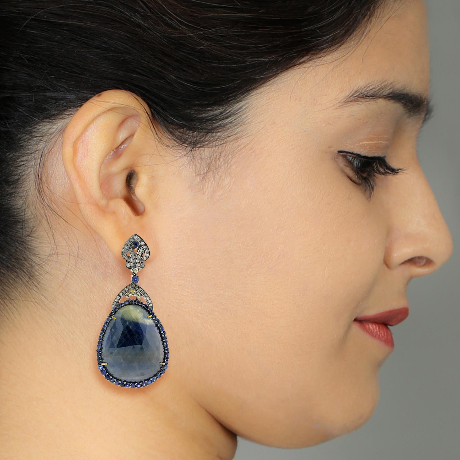Artisan Pear Shaped Sapphire Earrings With Diamonds Made In 18k Gold & Silver  For Sale