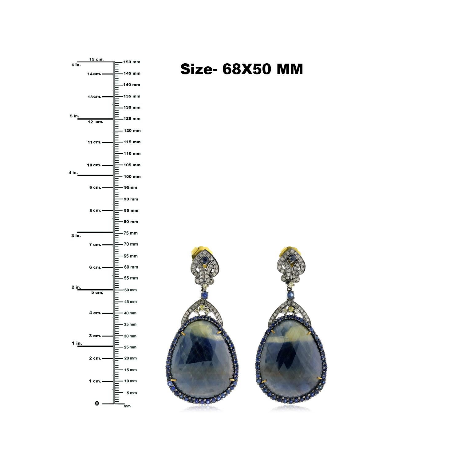 Mixed Cut Pear Shaped Sapphire Earrings With Diamonds Made In 18k Gold & Silver  For Sale