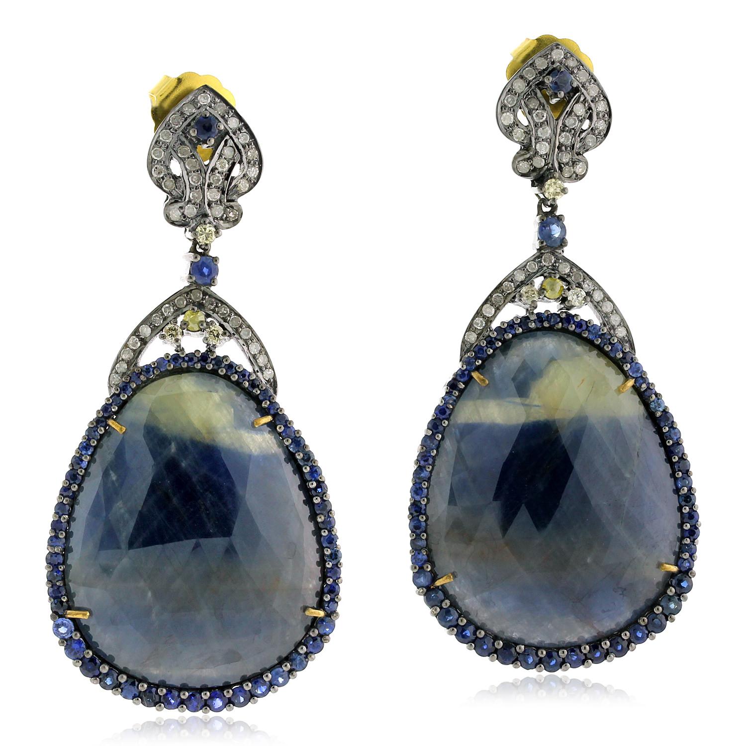 Pear Shaped Sapphire Earrings With Diamonds Made In 18k Gold & Silver  In New Condition For Sale In New York, NY