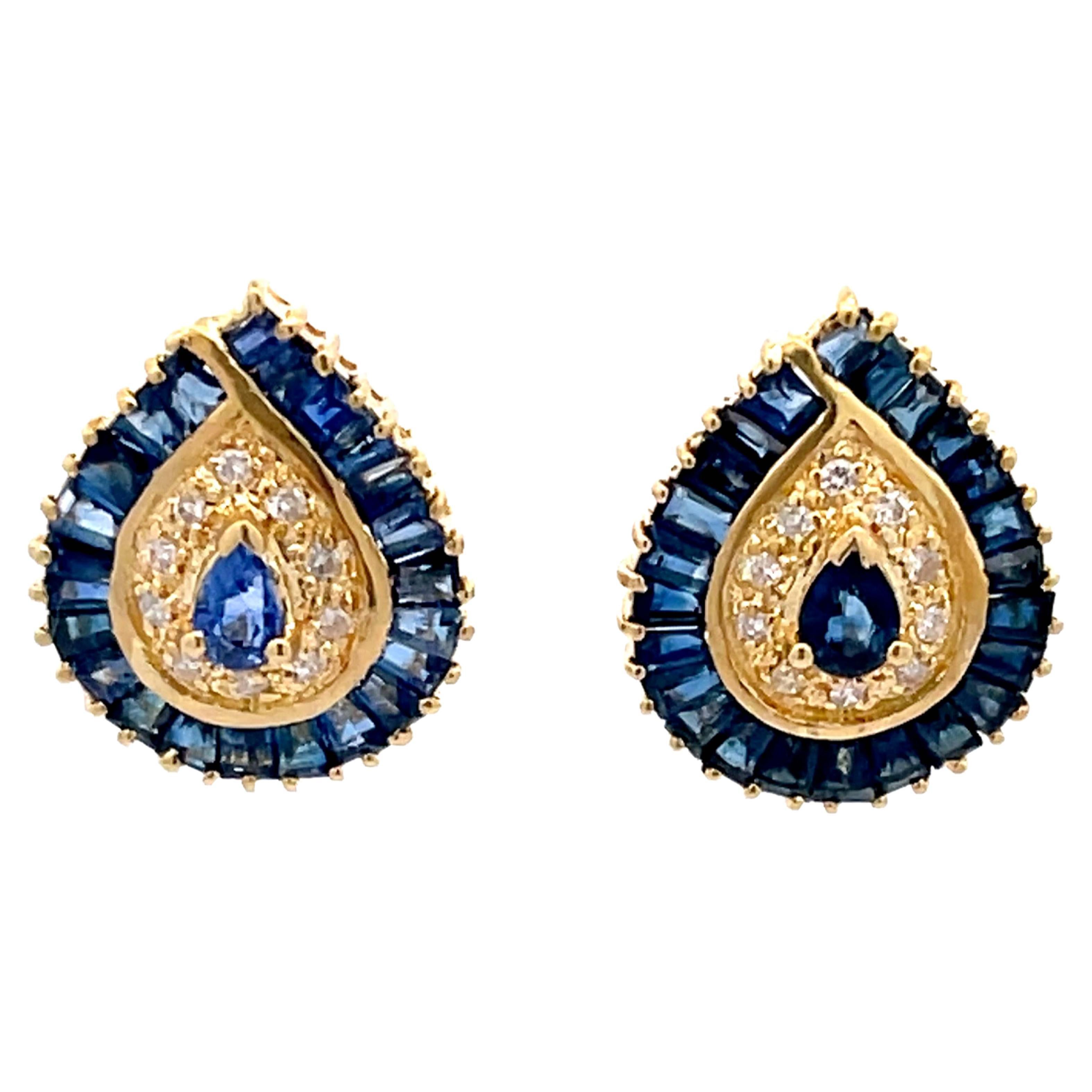 Pear Shaped Sapphire Halo and Diamond Stud Earrings in 18k Yellow Gold