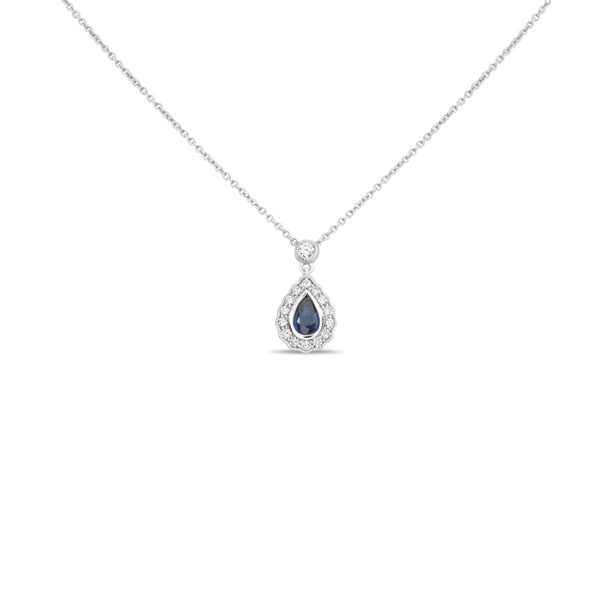Pear-Shaped Sapphire, White Diamond, and 18 Karat White Gold Halo Necklace In New Condition For Sale In New York, NY