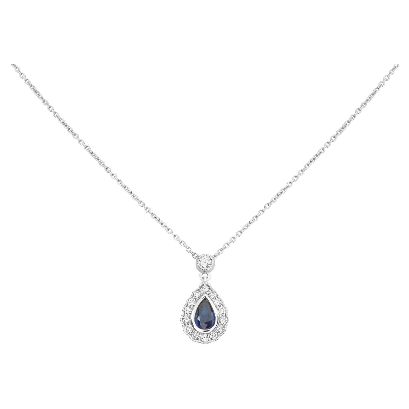 Pear-Shaped Sapphire, White Diamond, and 18 Karat White Gold Halo Necklace For Sale