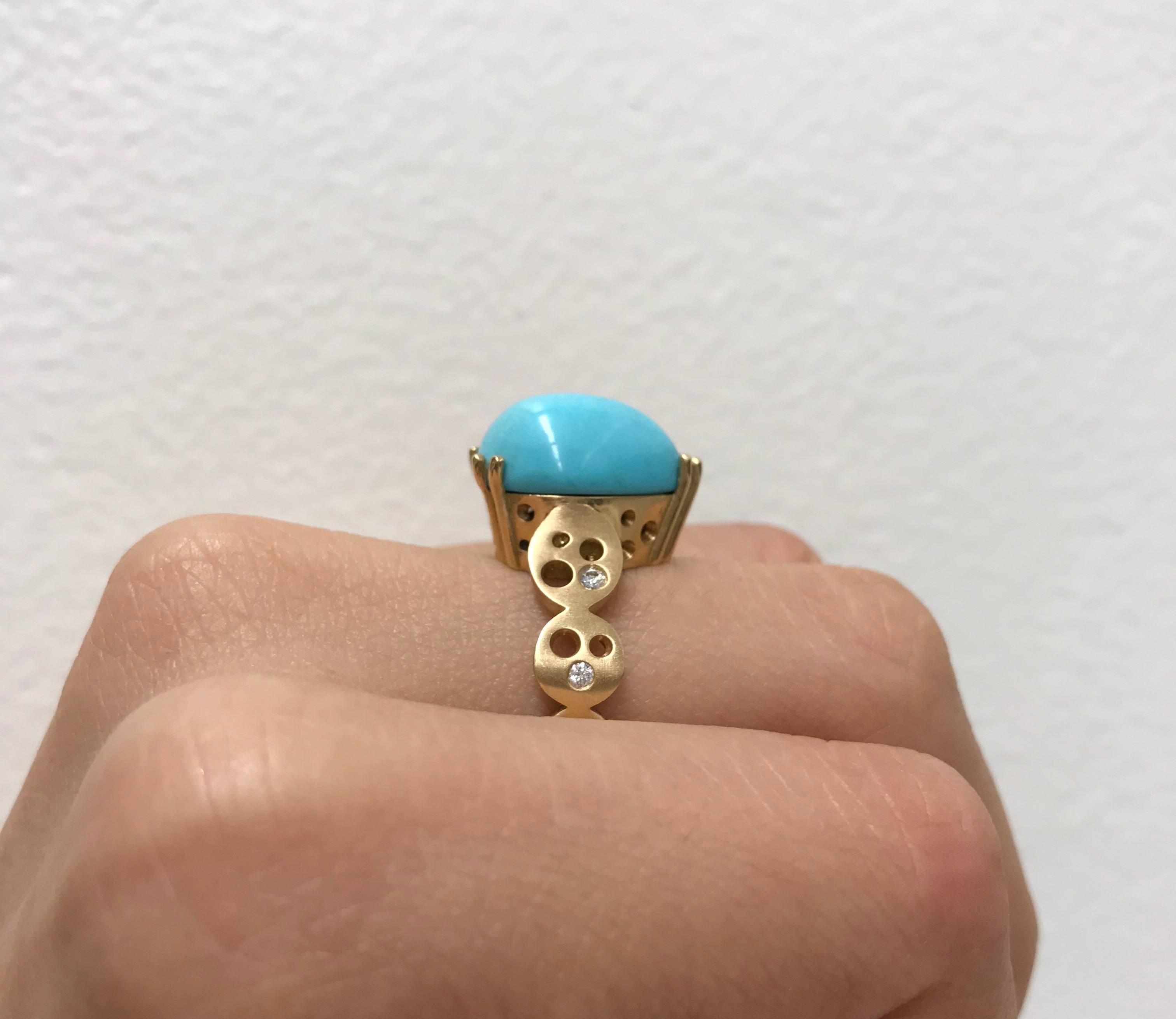 Modern Pear-Shaped Sleeping Beauty Turquoise and Coin Band Ring For Sale