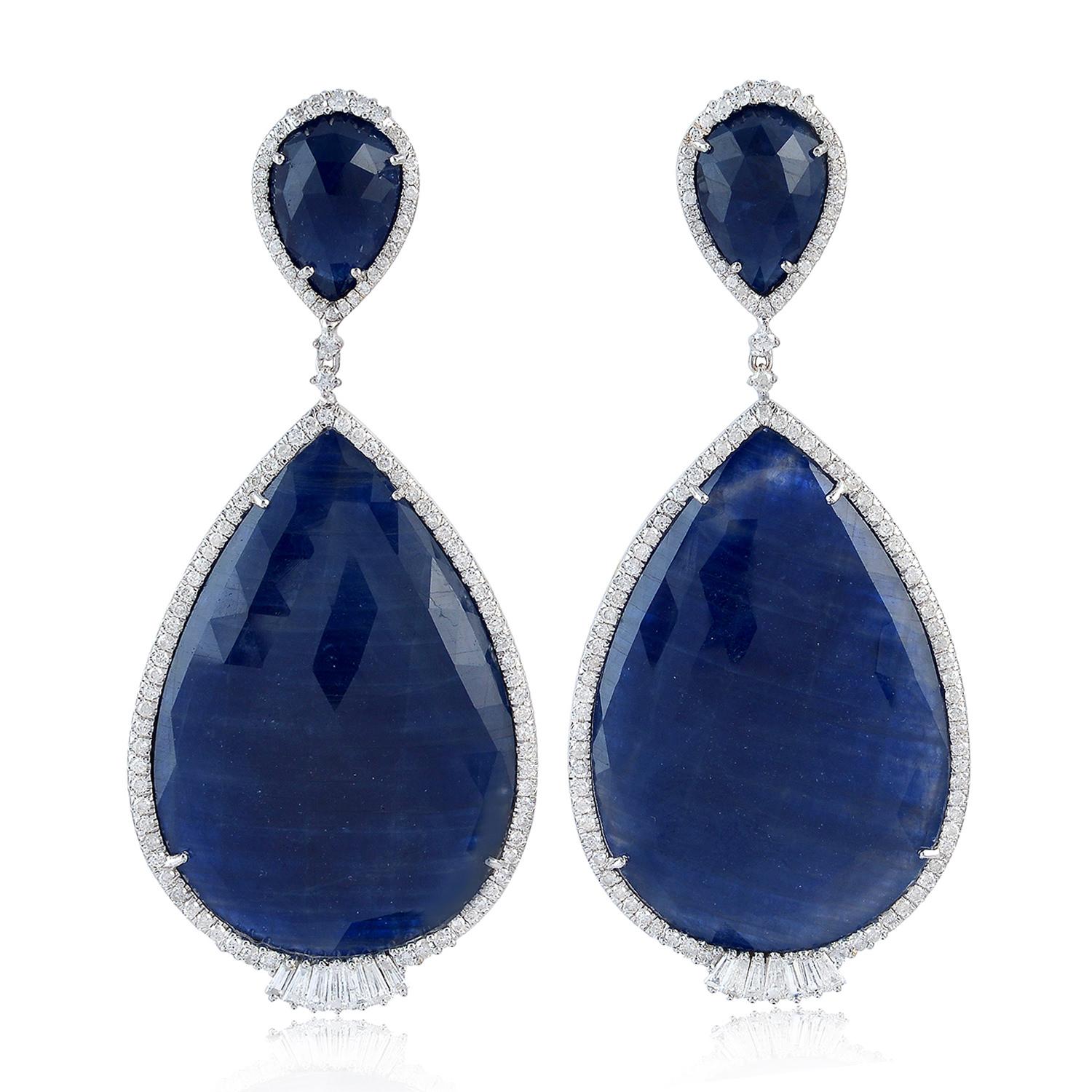 Pear Cut Pear Shaped Sliced Blue Sapphire Earring with Diamonds Made in 18k Gold For Sale