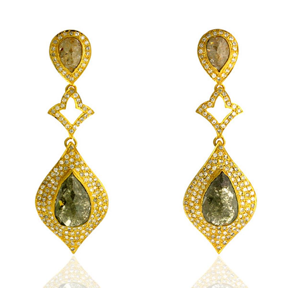 Mixed Cut Pear Shaped Sliced Diamond Dangle Earrings Made in 18k Yellow Gold For Sale