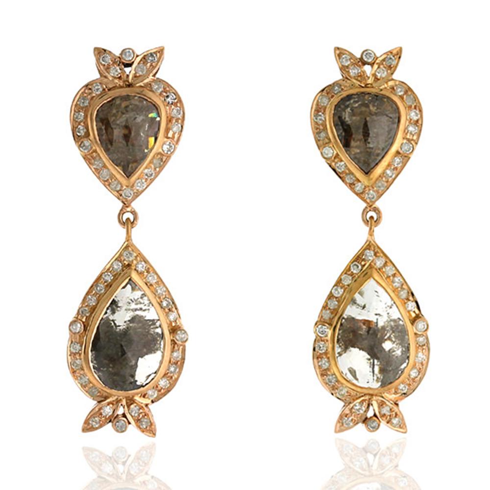 Art Nouveau Pear Shaped Sliced Ice Diamonds Earrings with Pave Diamonds in 18k Yellow Gold For Sale