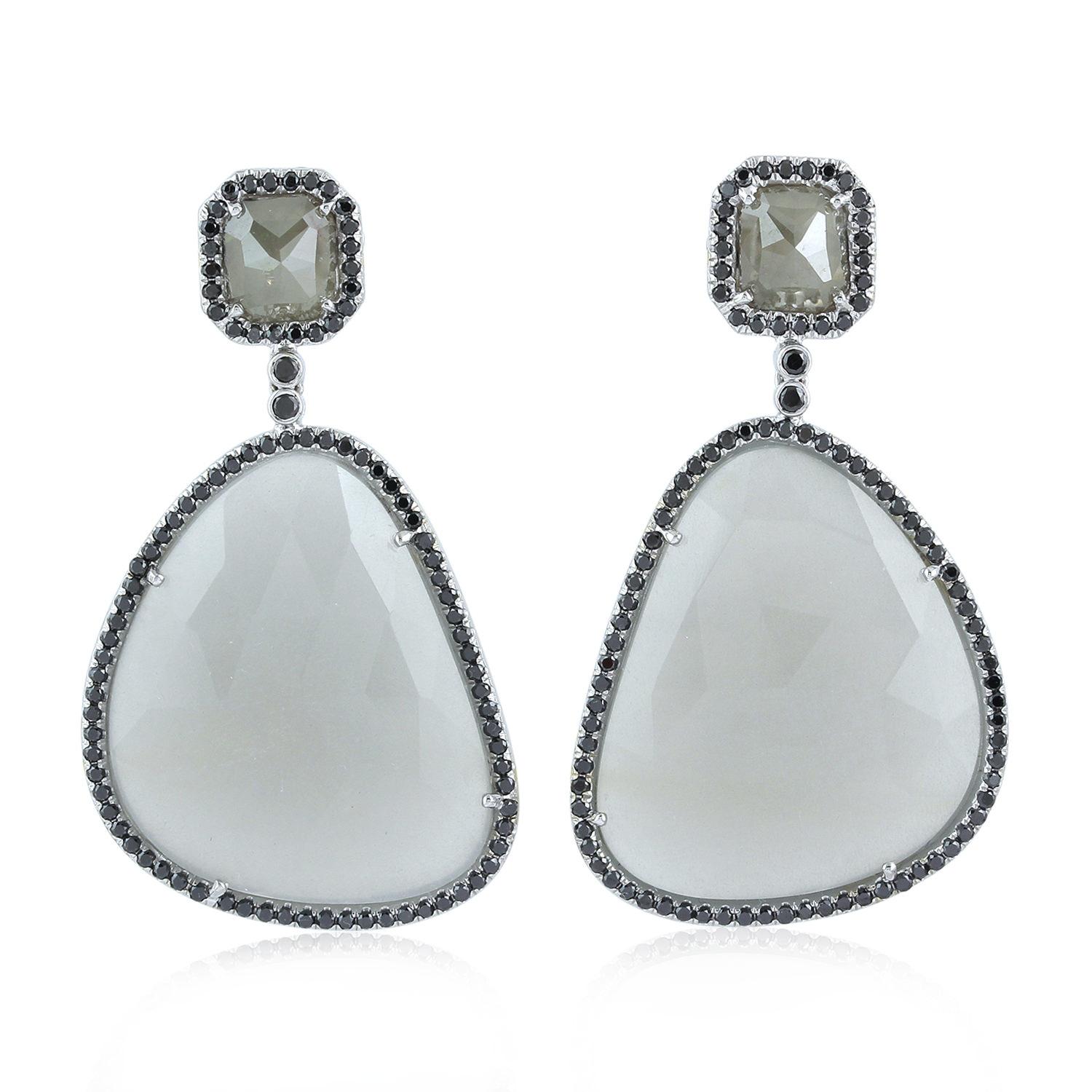 Pear Cut Pear Shaped Sliced Moonstone Dangle Earring With Diamonds Made 18k White Gold For Sale