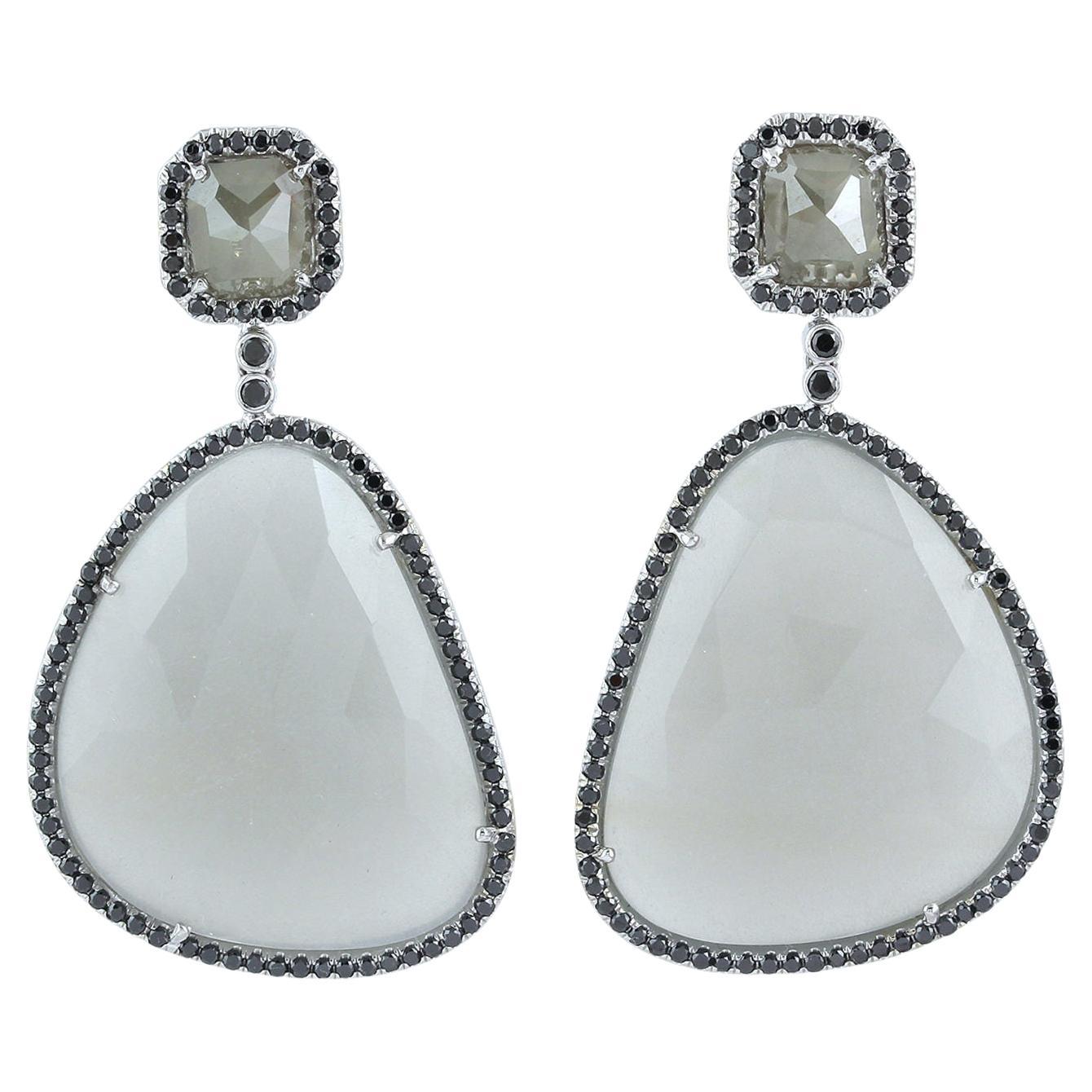 Pear Shaped Sliced Moonstone Dangle Earring With Diamonds Made 18k White Gold