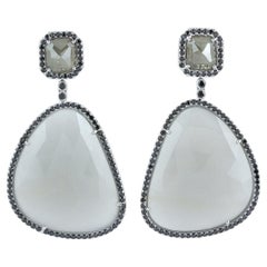 Pear Shaped Sliced Moonstone Dangle Earring With Diamonds Made 18k White Gold