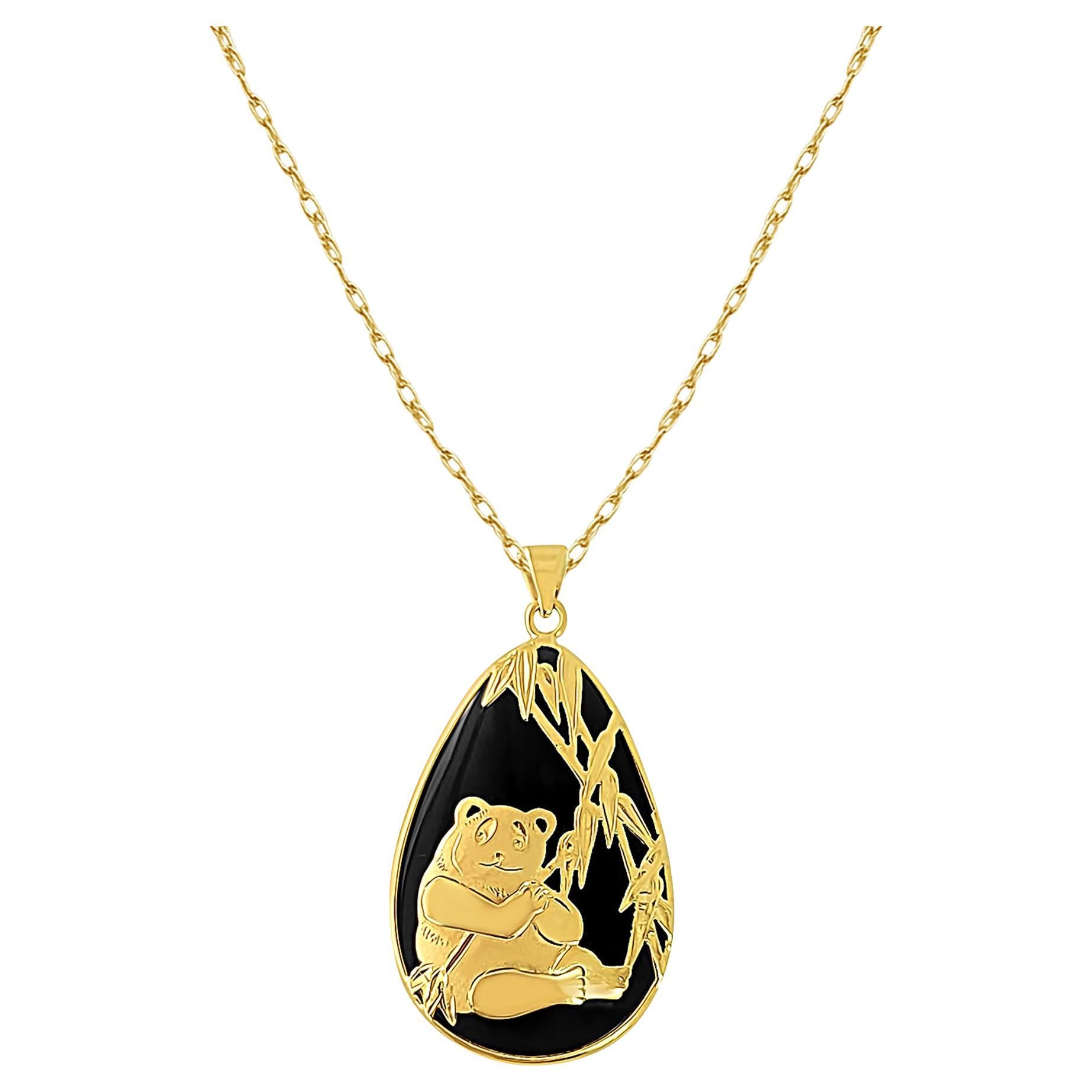 Pear Shaped Smoky Quartz Jade Jadeite Necklace with 14k Yellow Gold Panda Design