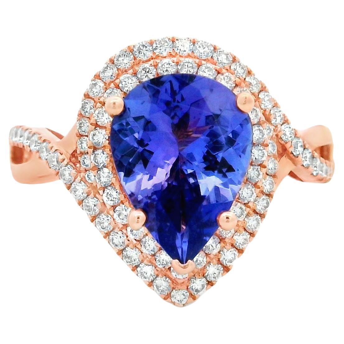 Pear-Shaped Tanzanite and Diamond Halo Ring, 2.65ct in 14K Rose Gold Size 7 im Angebot