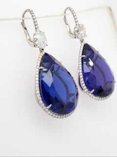 Pear Shaped Tanzanite and GIA Certified Oval Diamond Drop Earrings