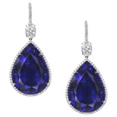 Pear Shaped Tanzanite and GIA Certified Oval Diamond Drop Earrings