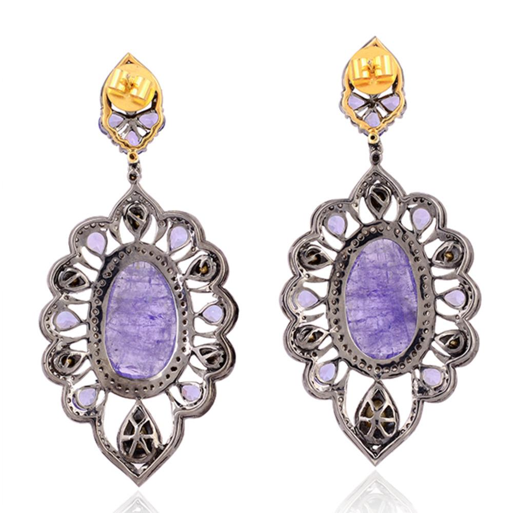 Art Nouveau Pear Shaped Tanzanite Dangle Earring With Diamonds Made In 18k Gold & Silver For Sale
