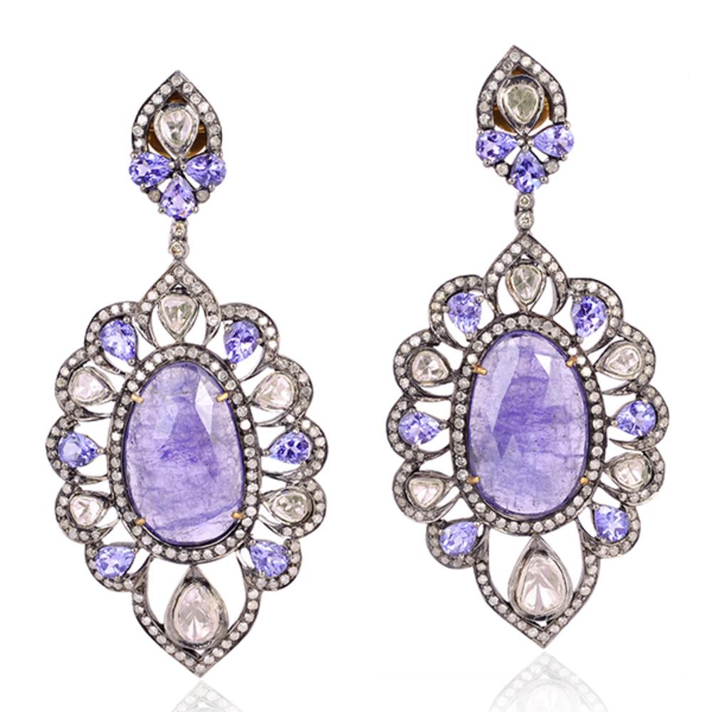 Mixed Cut Pear Shaped Tanzanite Dangle Earring With Diamonds Made In 18k Gold & Silver For Sale