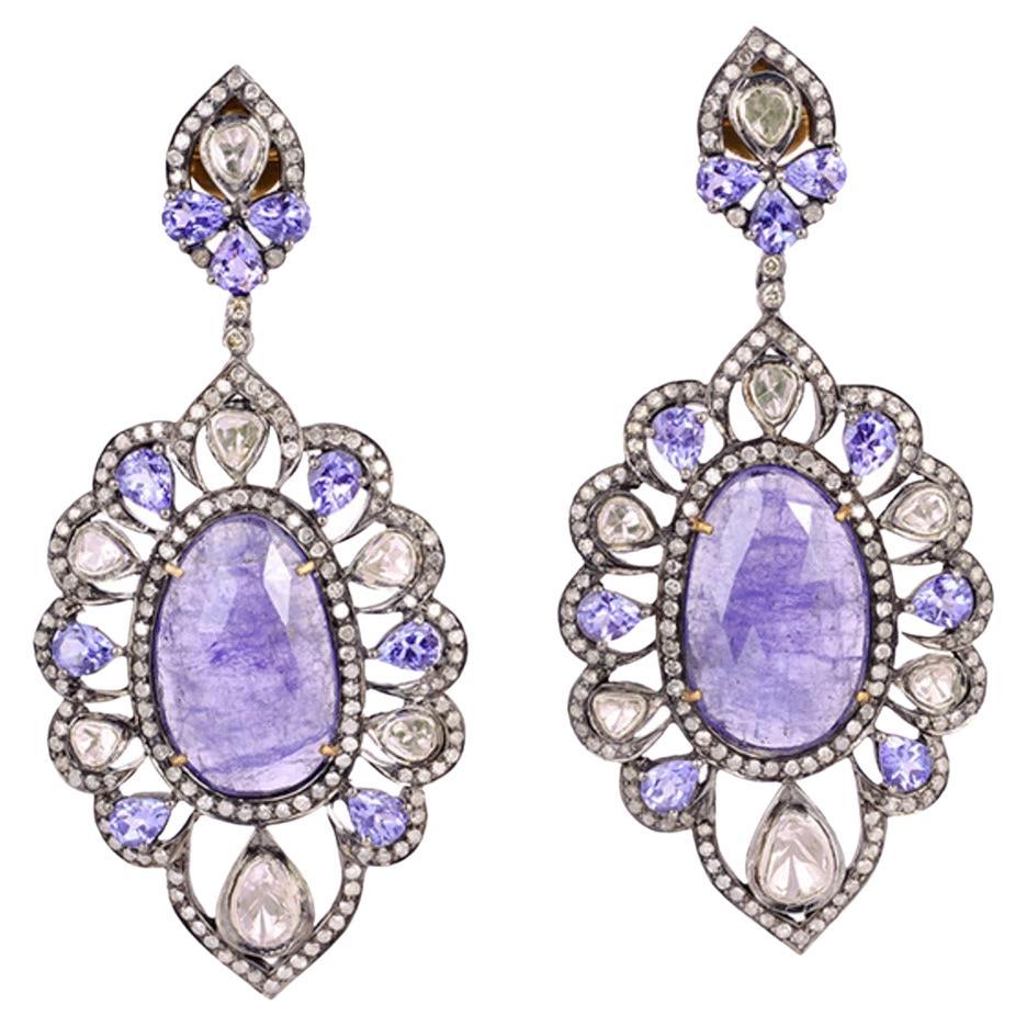 Pear Shaped Tanzanite Dangle Earring With Diamonds Made In 18k Gold & Silver For Sale