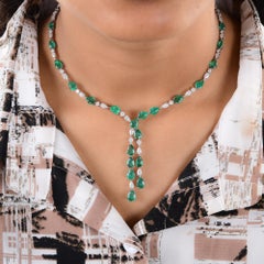 Pear Shaped TCW 16.35 Emerald Necklace with SI/H Diamonds 18k Solid White Gold