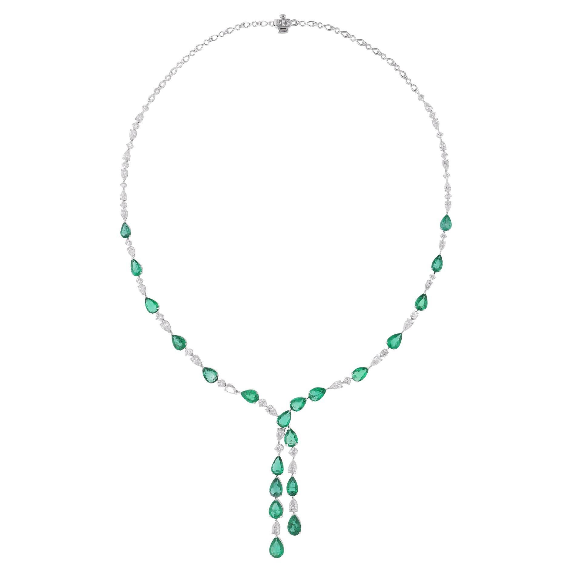 Art Déco Collana di smeraldi a forma di pera TCW 16,35 con diamanti SI/H in oro bianco massiccio 18k in vendita