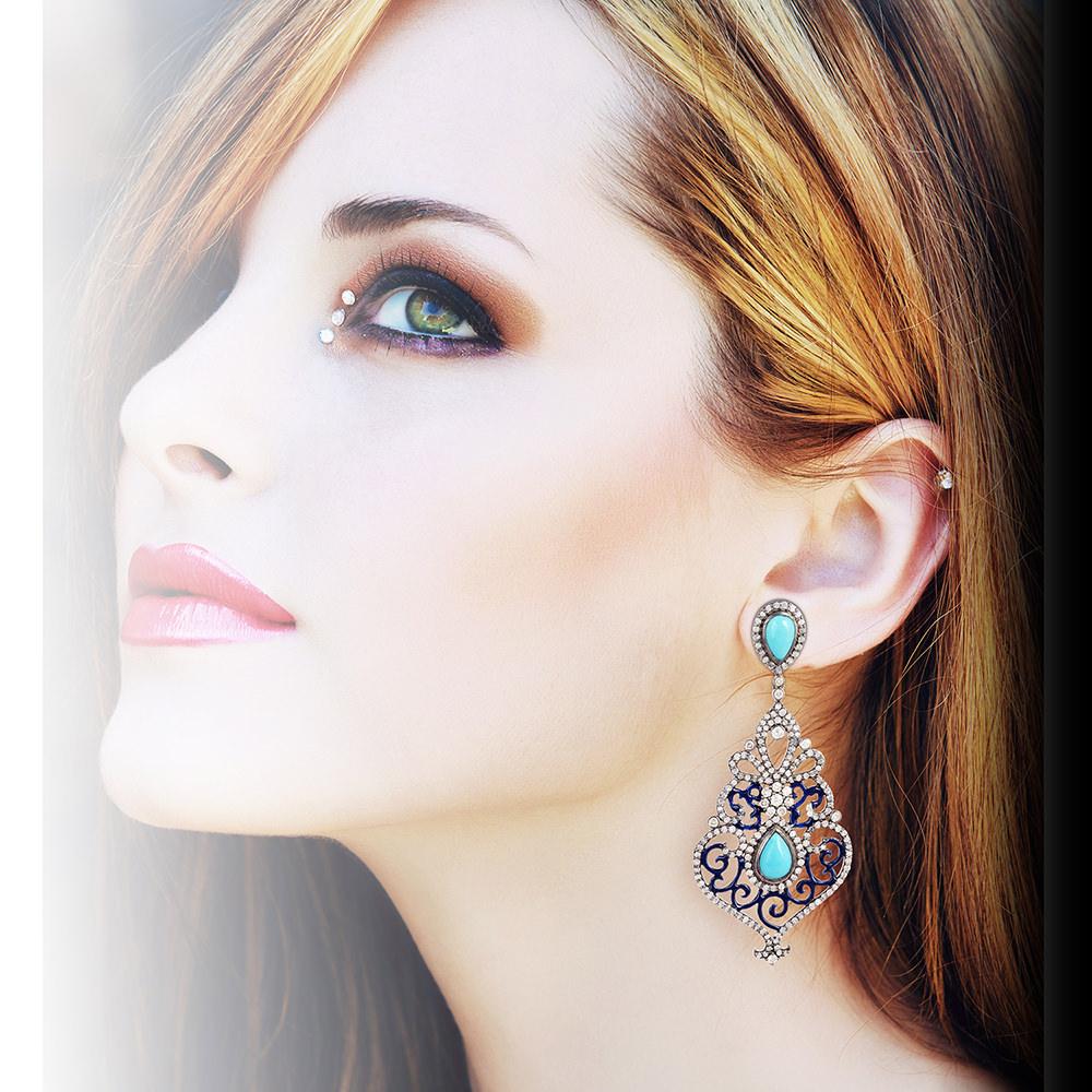 Artisan Pear Shaped Turquoise Dangle Earrings With Pave Diamonds In 18k Gold & Silver For Sale