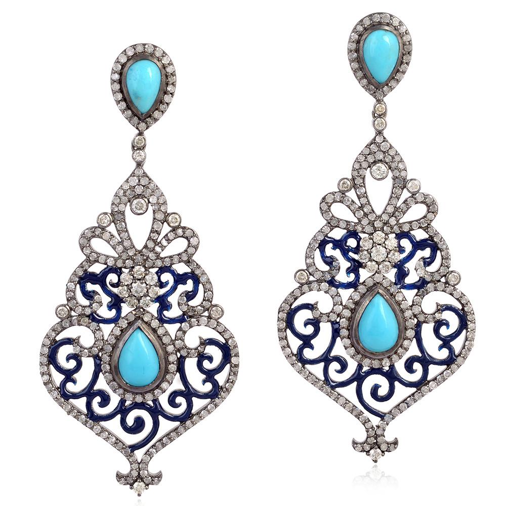 Mixed Cut Pear Shaped Turquoise Dangle Earrings With Pave Diamonds In 18k Gold & Silver For Sale