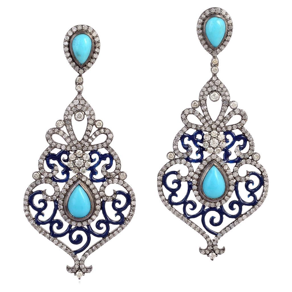 Pear Shaped Turquoise Dangle Earrings With Pave Diamonds In 18k Gold & Silver For Sale