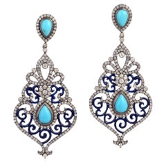 Pear Shaped Turquoise Dangle Earrings With Pave Diamonds In 18k Gold & Silver