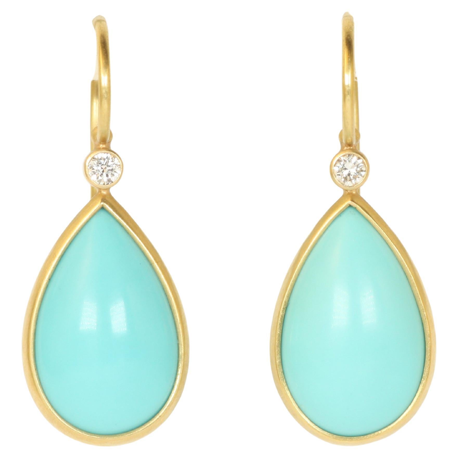Pear-Shaped Turquoise & Diamond Drop Earrings in 18K Yellow Gold by Bracken