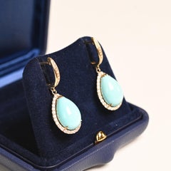 Turquoise and Diamond Earrings. 7.70TCW Pear Natural Turquoise 14k Yellow Gold