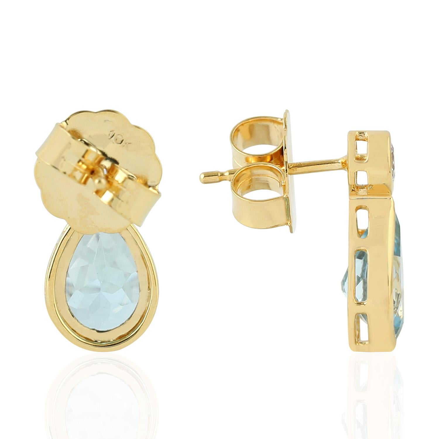Artisan Pear Shaped Vivid Blue Topaz & Sapphire Dangle Earring In 18K Yellow Gold For Sale