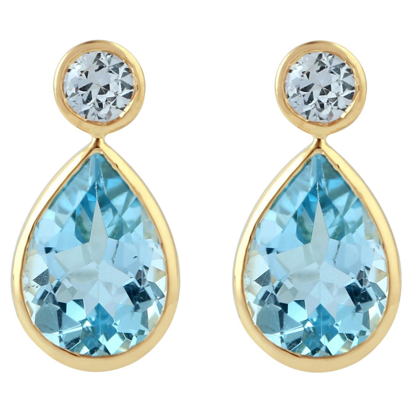 Pear Shaped Vivid Blue Topaz & Sapphire Dangle Earring In 18K Yellow Gold