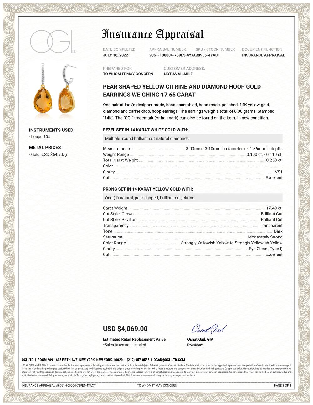 Large-sized Pear Shaped fourteen karats yellow and white gold designer hoop drop earrings 
Diamonds weighing 0.25 carat
Two yellow citrines weighing 17.40 carats 
The pear shape citrine hue is a golden yellow color 
Earrings measuring 1.40 inch in