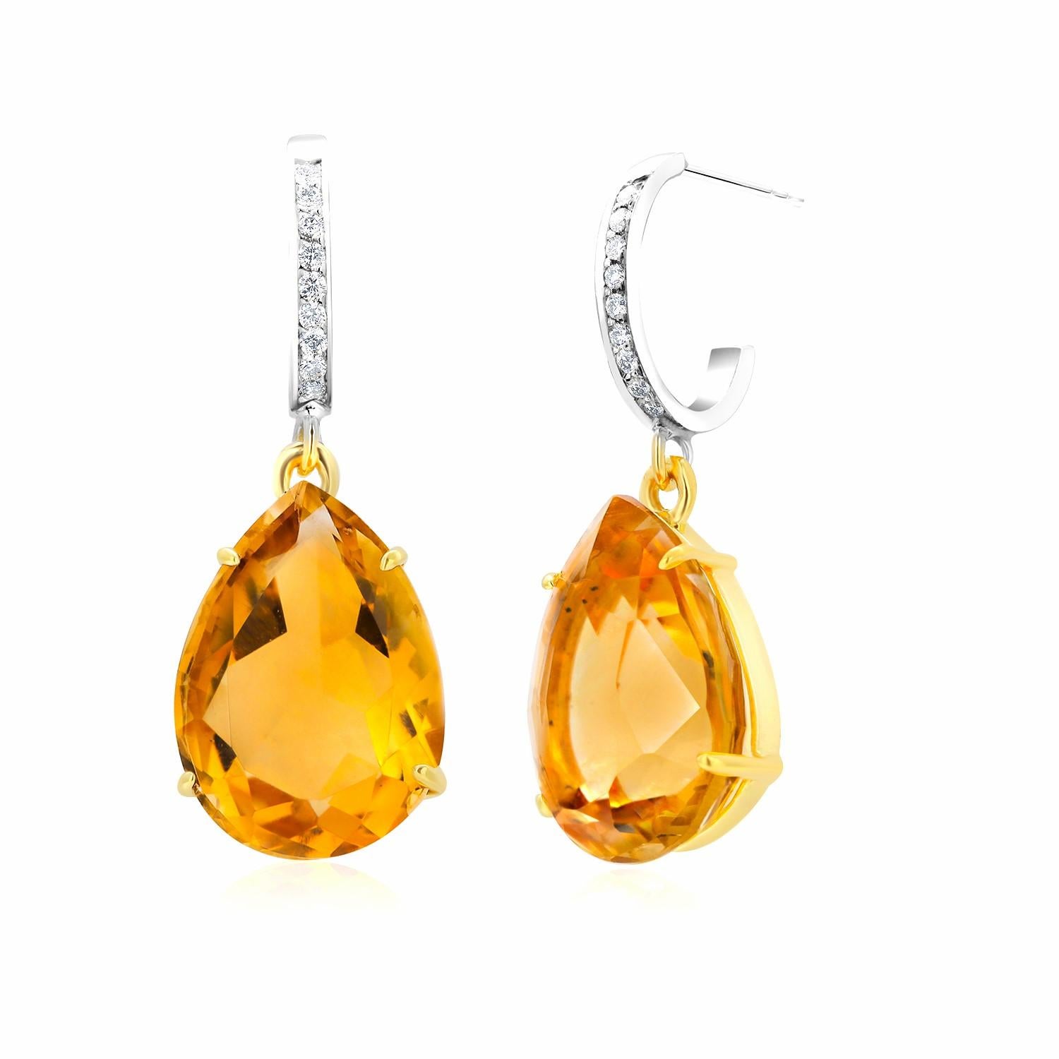 Pear Cut Pear Shaped Yellow Citrine and Diamond Hoop Gold Earrings Weighing 17.65 Carat